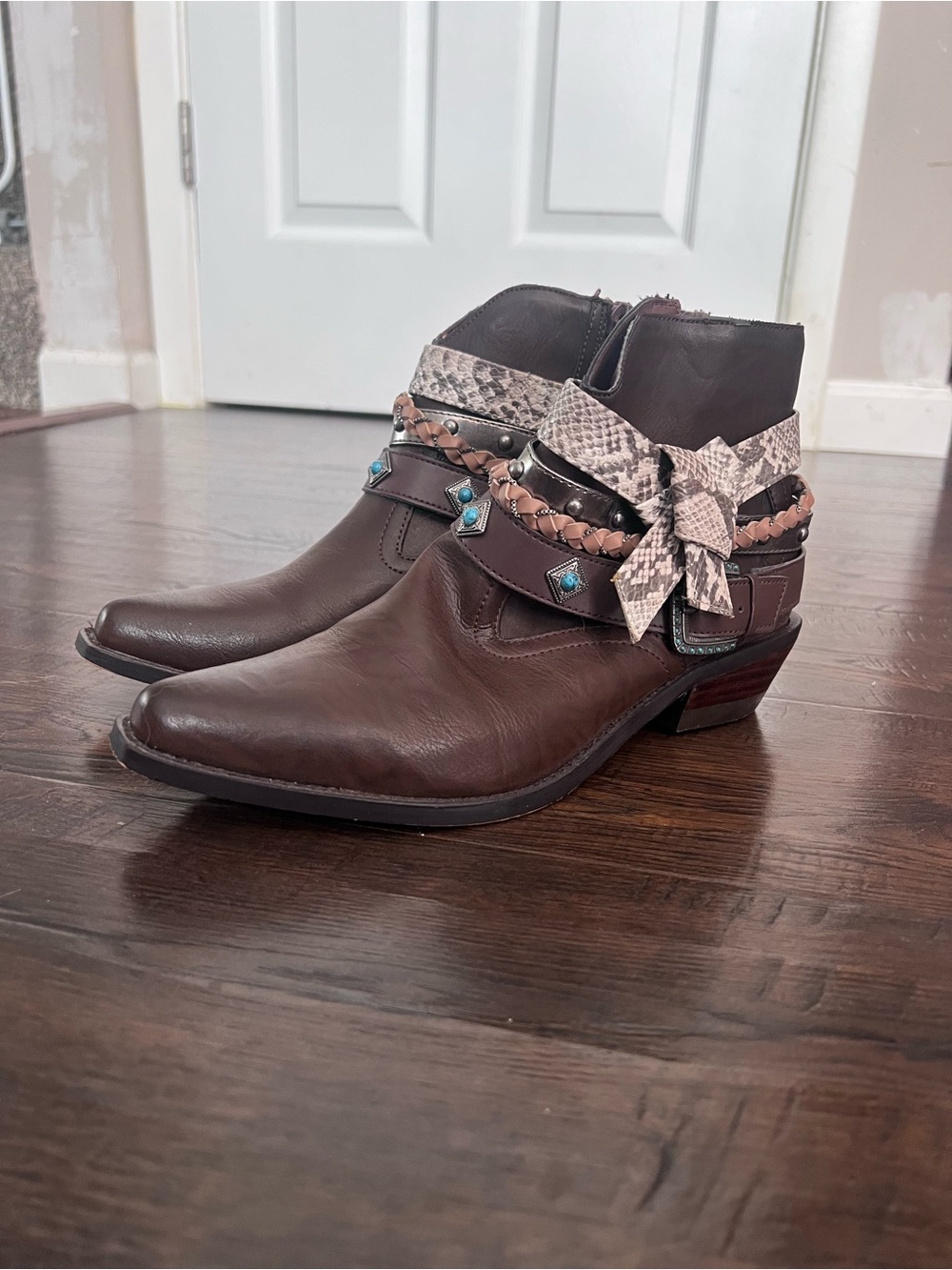 Miranda lambert Brown Leather Ankle Heeled Boots with Braided & Snake-Print Wrap